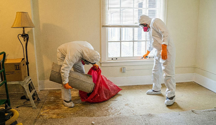 Professional team with HAZMAT suit cleaning biohazard