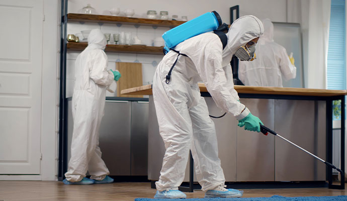 Professional team disinfecting home kitchen