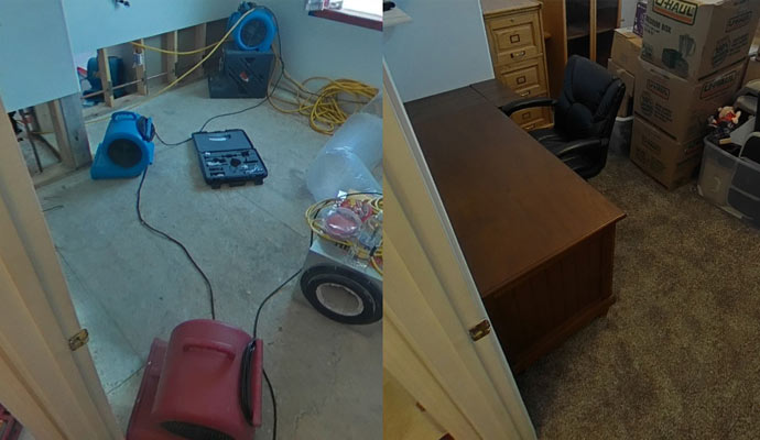 Collage of before and after water damage restoration
