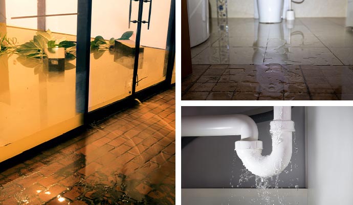 Collage of flood damaged property, wet bathroom floor and plumbing leak
