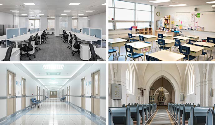Collage of office, school, and hospital sanitization
