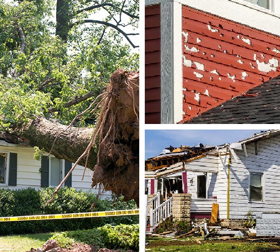 Collage of wind hail storm damaged property
