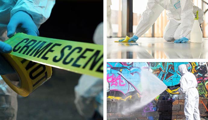 Collage of professional trauma and graffiti cleaning