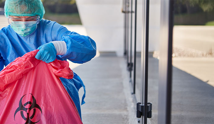 A professional in with hazmat suits and mask cleaning biohazard