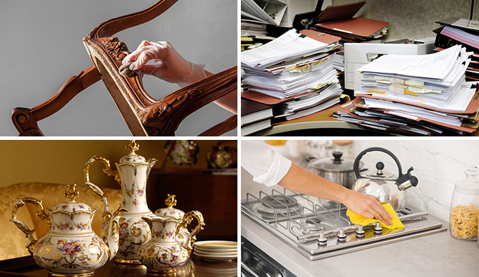 Collage of furniture restoration, Antiques, documents and appliance cleaning