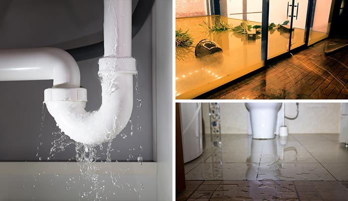 Collage of plumbing leak, flood damage and sewage overflow