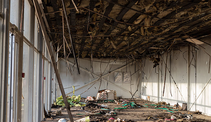 Fire damaged commercial property ceiling