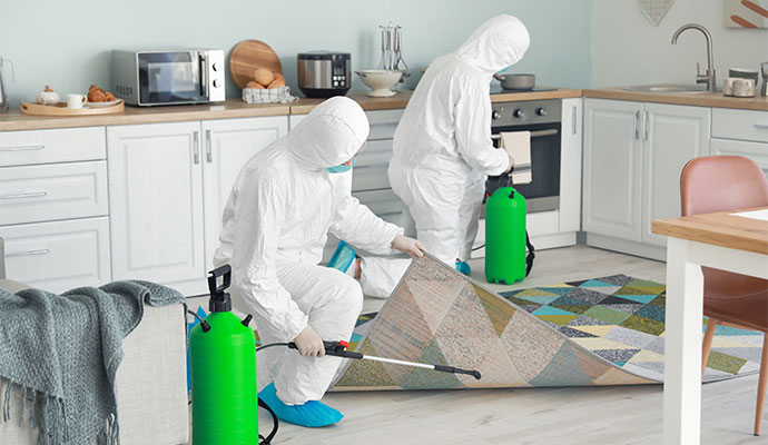 Professional team spraying to sanitize a kitchen floor