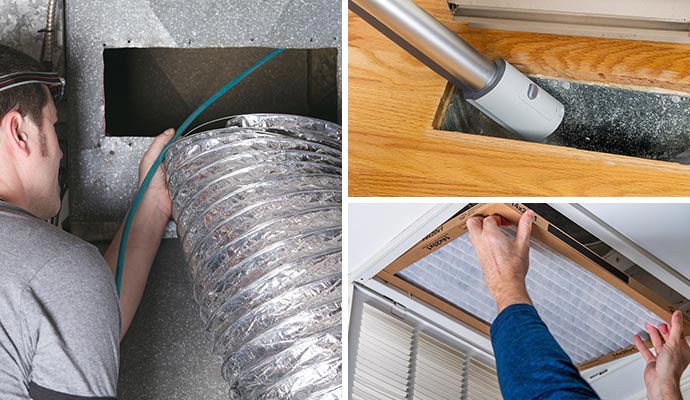 Collage of duct vent cleaning and HVAC filter replacement service