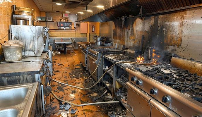 Fire-damaged restaurant interior with burned surfaces and debris