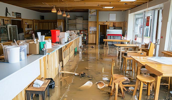 Flooded restaurant interior with standing water on floor