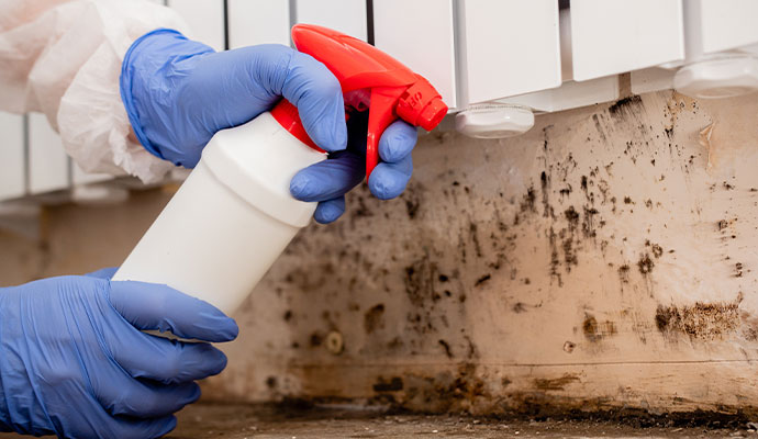 Professional decontaminates mold on the wall