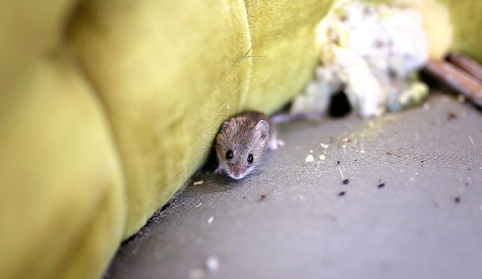 Mouse hiding in damaged furniture upholstery