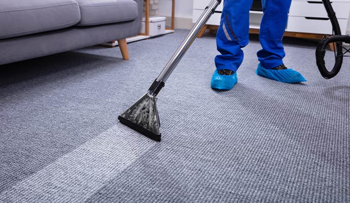 A carpet cleaner uses a deep cleaning machine on a rug