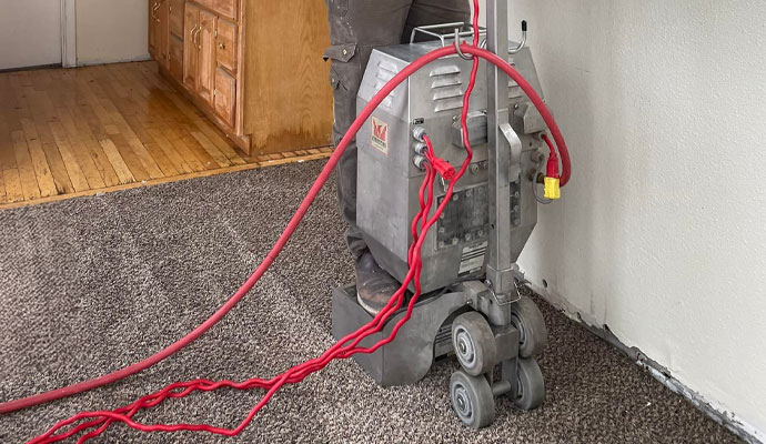 A professional restoring water damaged carpet using equipment A professional restoring water damaged carpet using equipment