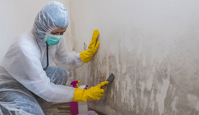 Professional worker cleaning mold from the wall