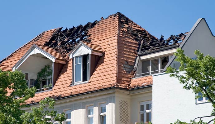 Residential roof fire damage