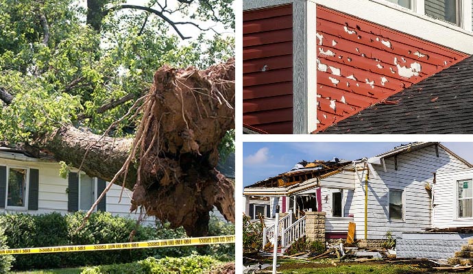 Tree fallen on house, hail damaged property and storm damaged house