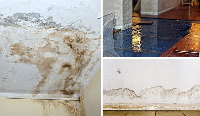 Collage of damaged ceiling, floor and drywall