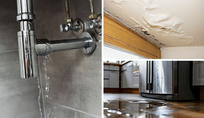 Collage of plumbing, roof, and appliance leak