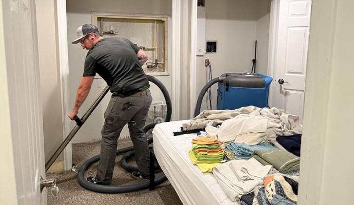 Professional technician using a water extraction tool on a wet carpet in a bedroom.
