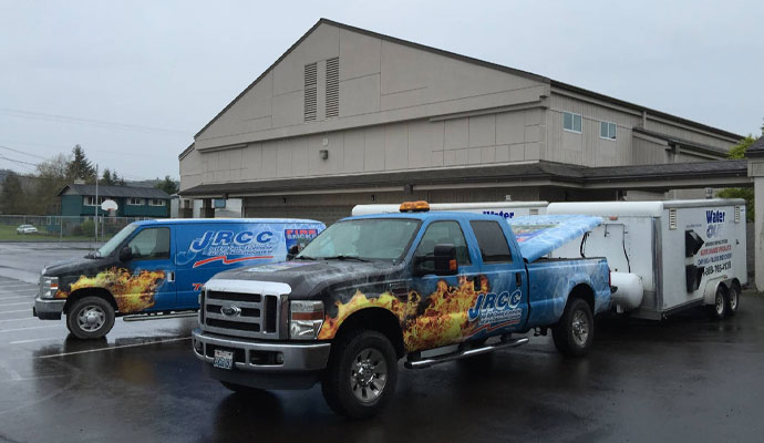 Just Right Cleaning and Construction emergency response trucks and trailers for rapid water damage restoration