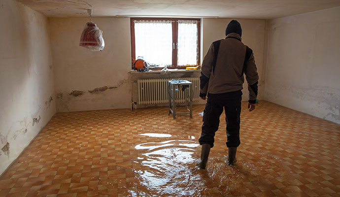 Professional inspecting a room damaged with flood water